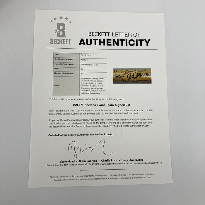 Kirby Puckett 1993 Minnesota Twins Team Signed Rawlings Bat Beckett COA