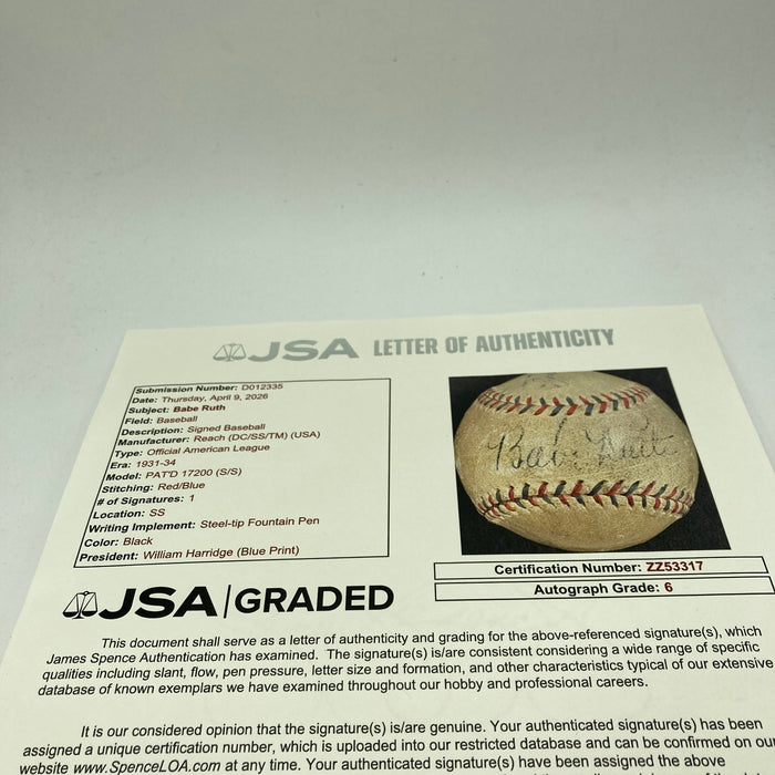 Babe Ruth Single Signed 1920's Official American League Baseball JSA COA Auto