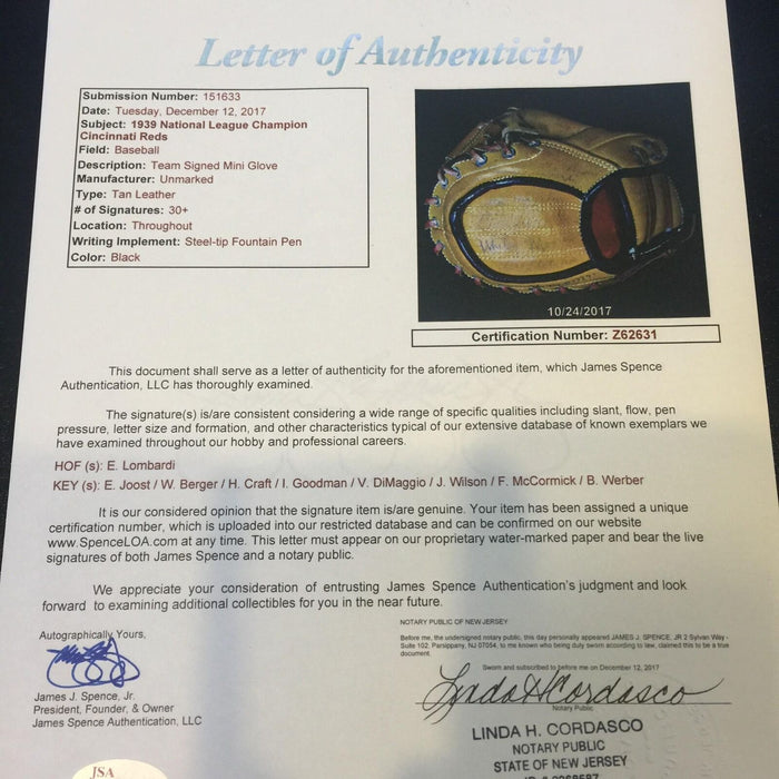 1939 Cincinnati Reds National Champs Team Signed Mini Baseball Glove 30+ Sig JSA
