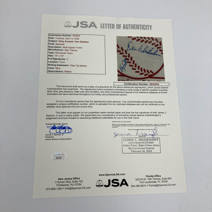 Kirby Puckett Signed 1987 Minnesota Twins Homer Hanky JSA & Beckett COA