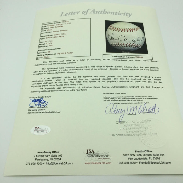 Rare 1950's Glen Campbell Single Signed Autographed Baseball With JSA COA