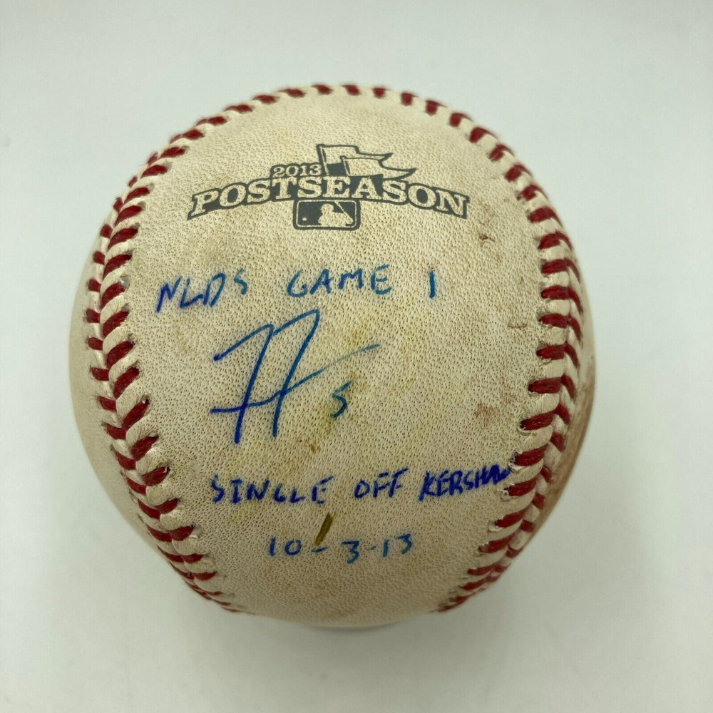 Freddie Freeman Signed 2013 NLDS Single Off Kershaw Game Used Baseball MLB Auth