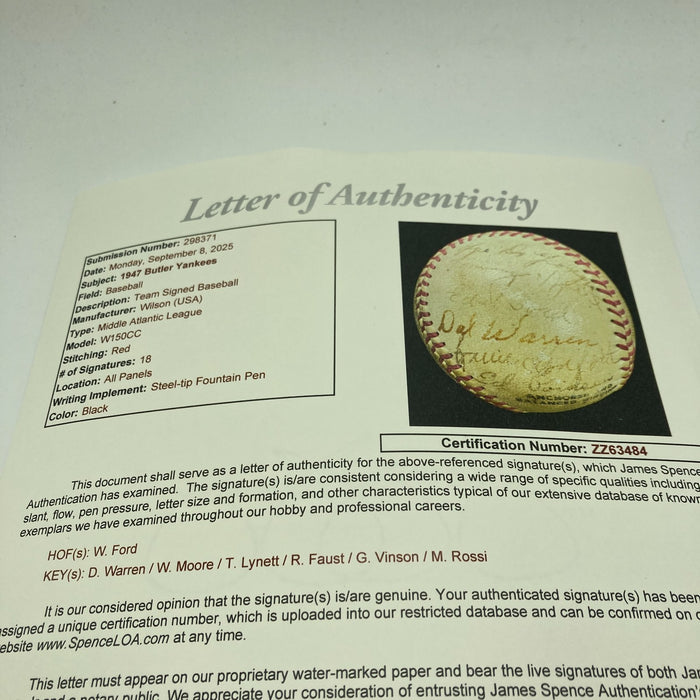 Whitey Ford Pre Rookie 1947 Butler Yankees Minor League Team Signed Baseball JSA