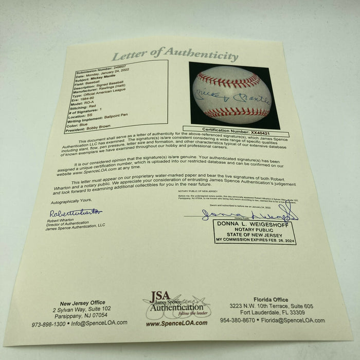 Stunning Mickey Mantle Signed  Official American League Baseball Mint JSA COA