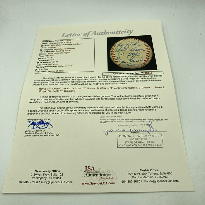 Beautiful 1972 All Star Game Team Signed Baseball 21 Sigs Hank Aaron JSA COA