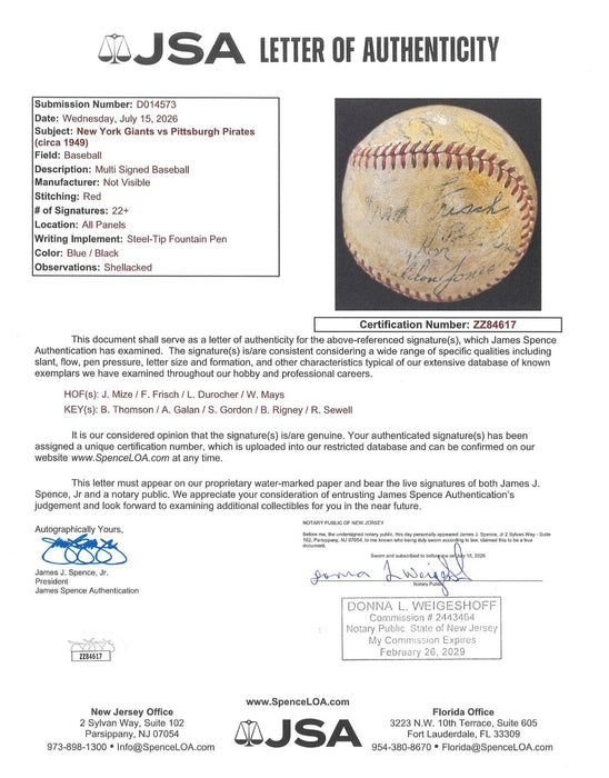 Earliest Known Willie Mays Pre Rookie 1949 New York Giants Signed Baseball JSA