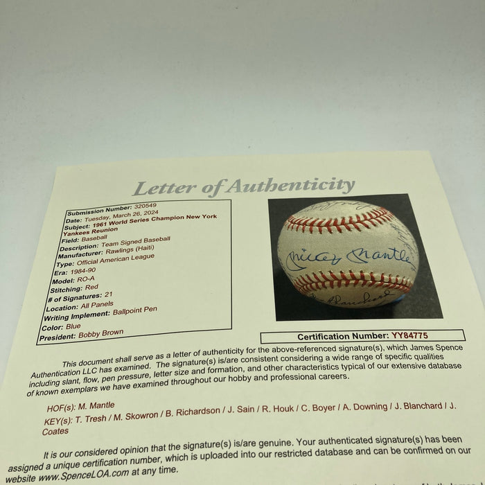 1961 New York Yankees World Series Champs Team Signed Baseball Mickey Mantle JSA