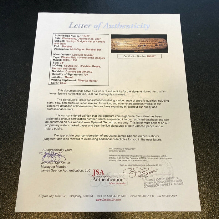 Brooklyn & Los Angeles Dodgers Multi Signed Bat 70+ Sigs! JSA COA Sandy Koufax