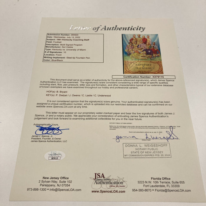 1951 Paul Bear Bryant Multi Signed Kentucky vs. Miami Program JSA & Beckett COA