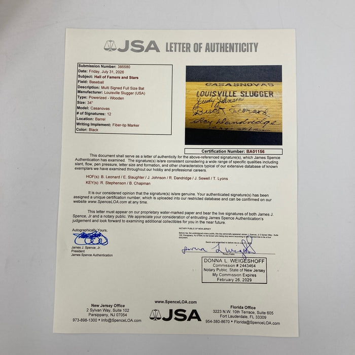 Travis Jackson Ted Lyons Judy Johnson Hall Of Fame Signed Baseball Bat JSA COA