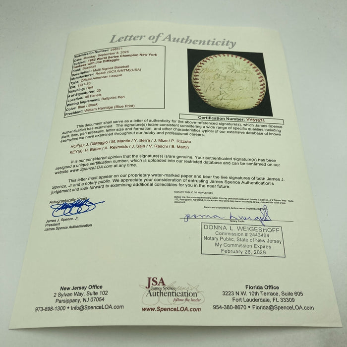 1951 Yankees World Series Champs Team Signed Baseball Mickey Mantle Rookie JSA