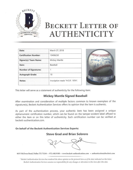 Mickey Mantle Signed American League Baseball BGS Graded 10 GEM MINT Beckett