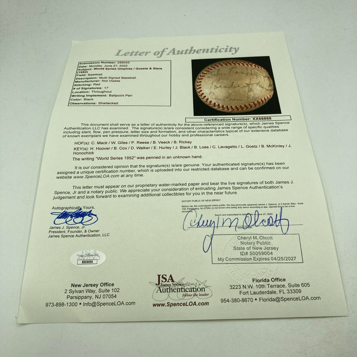 1952 World Series Game Used Baseball Signed By Attendees & Umpires JSA COA