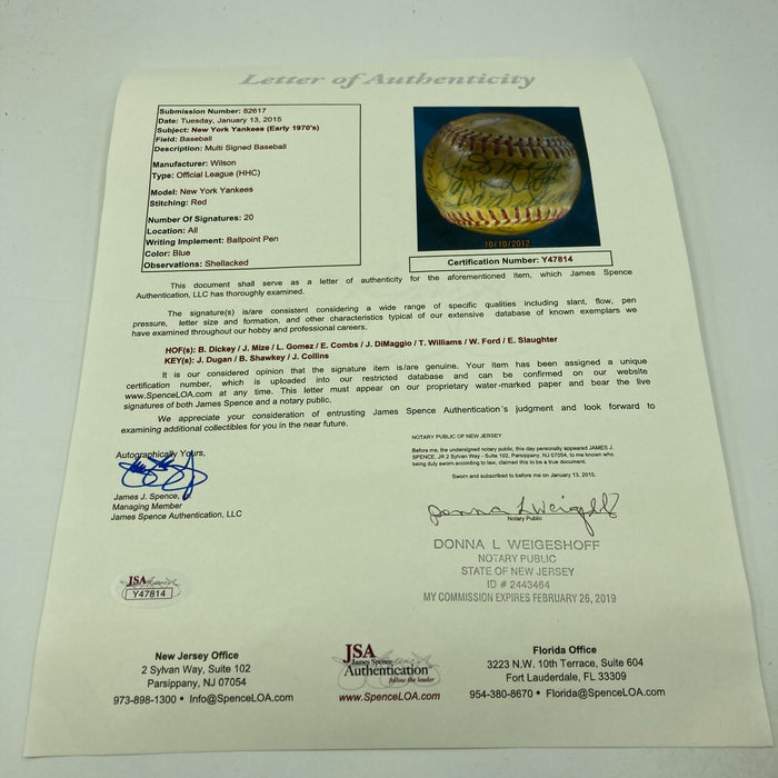 Joe Dimaggio & Ted Williams 1970's Yankees Old Timers Day Signed Baseball JSA