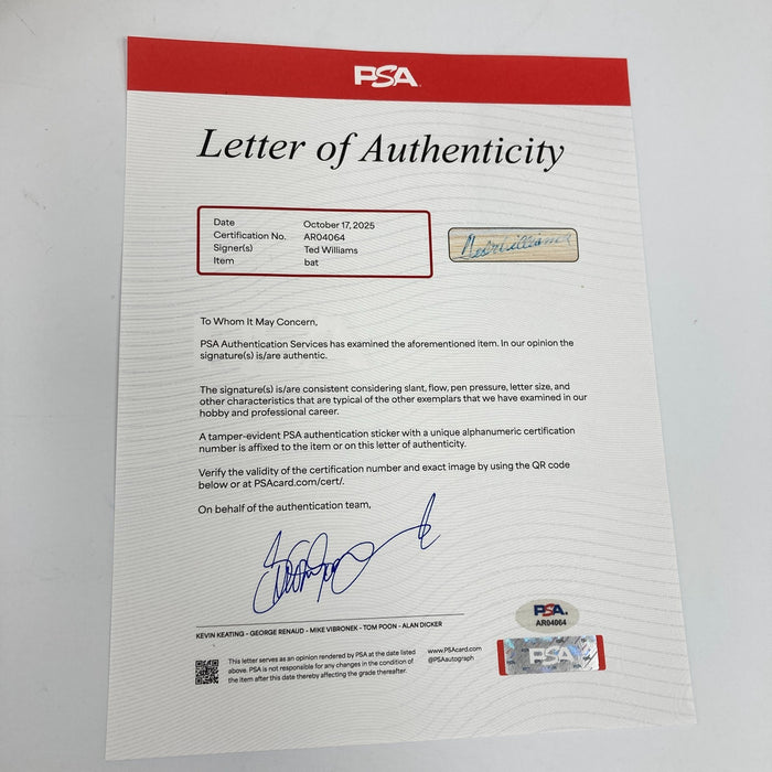 Ted Williams Signed Rawlings Big Stick Baseball Bat PSA DNA COA