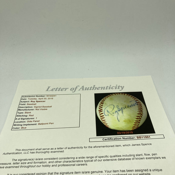 Roy Spencer Single Signed Baseball New York Giants Pittsburgh Pirates JSA COA
