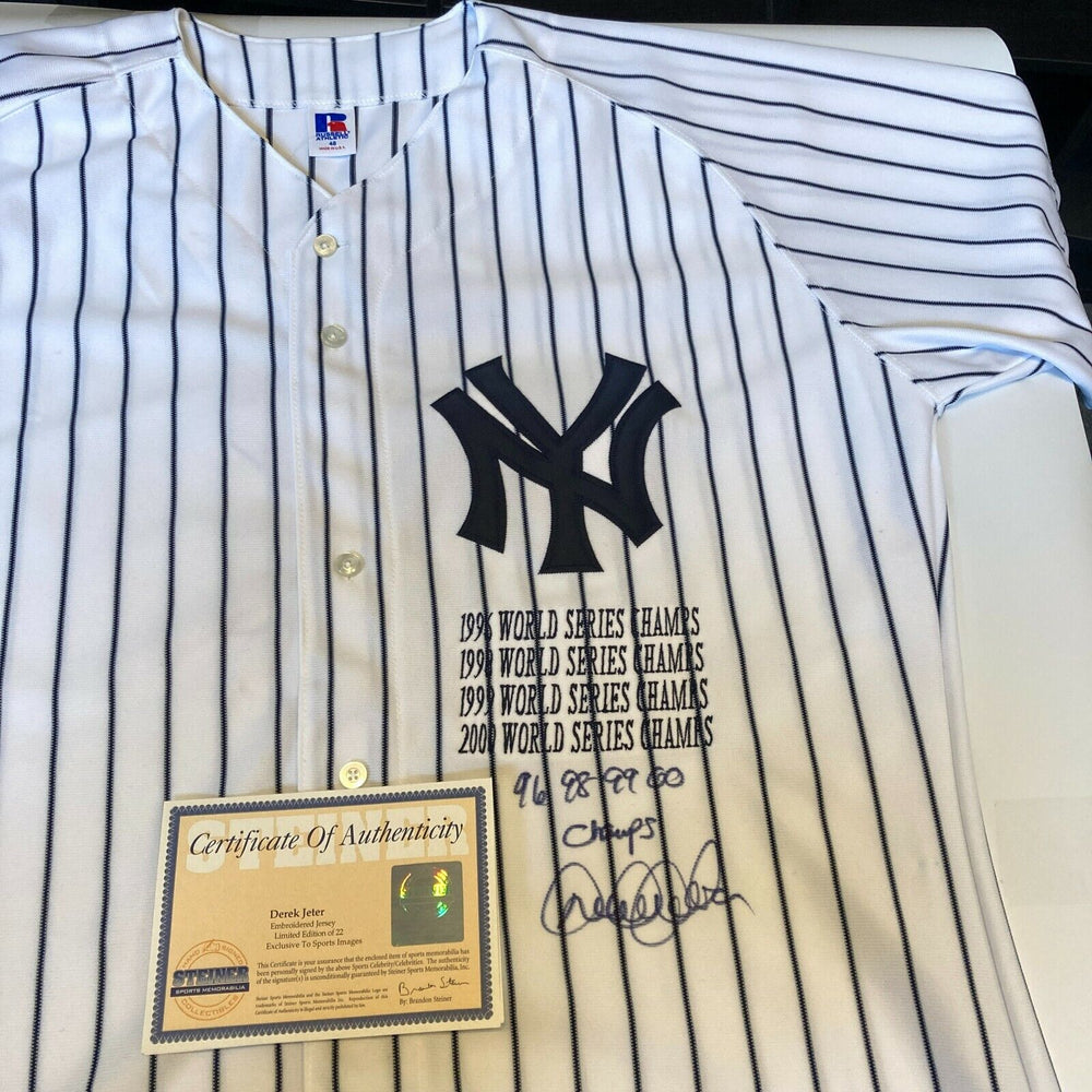 Derek Jeter “1996 1998 1999 2000 Champs” Signed Inscribed Yankees Jersey Steiner