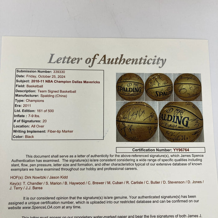 2010-11 Dallas Mavericks NBA Champs Team Signed Basketball JSA COA