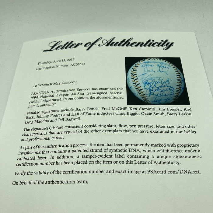 1994 All Star Game National League Team Signed Baseball Barry Bonds PSA DNA COA