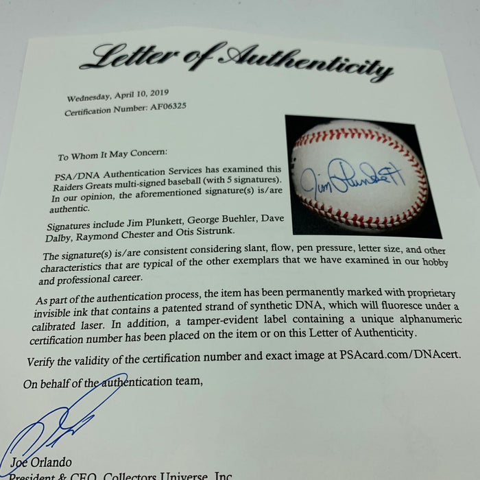Oakland Raiders Legends Multi Signed Baseball Jim Plunkett 5 Sigs PSA DNA COA