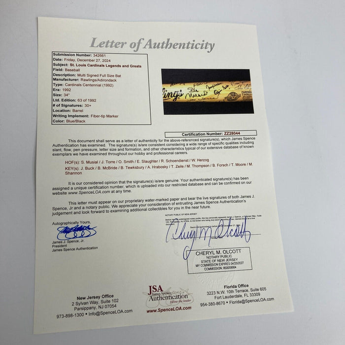 St. Louis Cardinals HOF Legends Multi Signed Bat 33 Sigs Stan Musial JSA COA