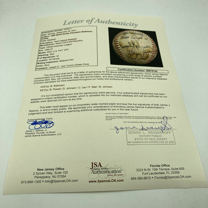1966 Baltimore Orioles World Series Champs Team Signed AL Baseball With JSA COA