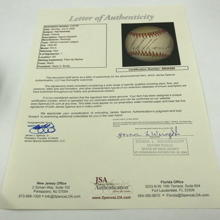 Senator Ted Kennedy Single Signed Baseball Brother Of JFK John F Kennedy JSA COA