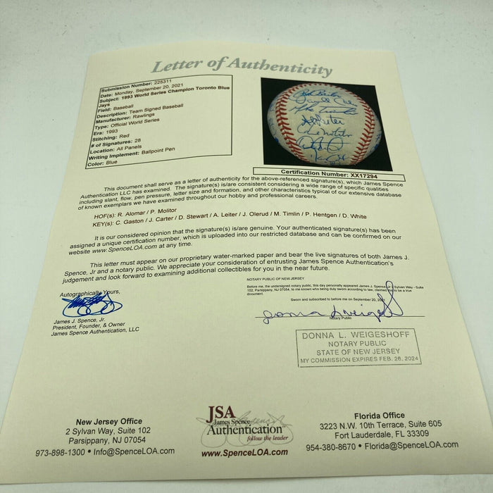 1993 Toronto Blue Jays World Series Champs Team Signed Baseball JSA COA