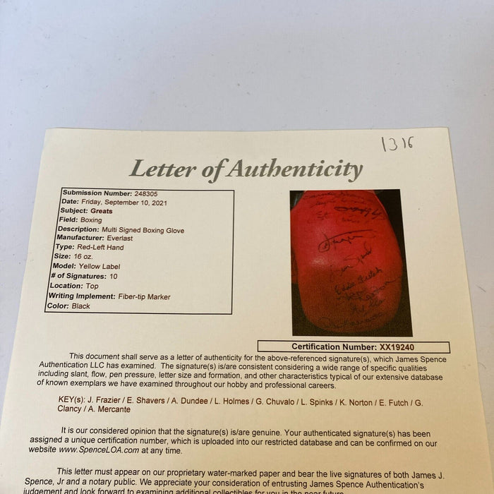 Boxing Legends Signed Glove Joe Frazier Shavers Holmes Norton Spinks JSA COA