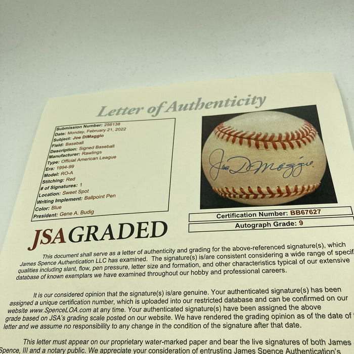 Beautiful Joe Dimaggio Signed American League Baseball JSA Graded MINT 9