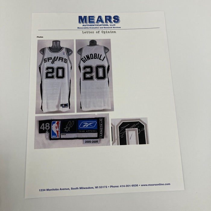 Manu Ginobili Signed Game Used 2005-06 San Antonio Spurs Jersey MEARS A10 JSA