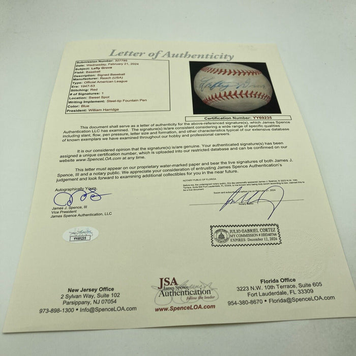 Lefty Grove Single Signed 1940's Official American League Harridge Baseball JSA