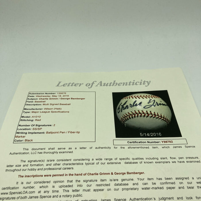 George Bamberger & Charlie Grimm Signed Vintage Baseball JSA COA