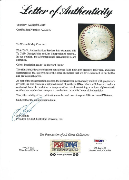 Extraordinary Jim Thorpe & Ty Cobb Signed Autographed 1940s Baseball PSA DNA COA