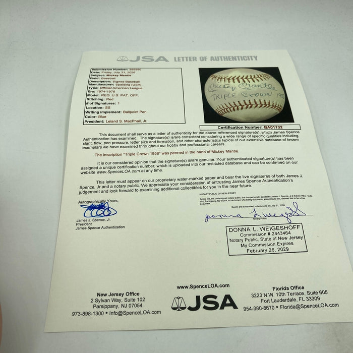 Beautiful Mickey Mantle Triple Crown 1956 Signed Inscribed Baseball JSA COA