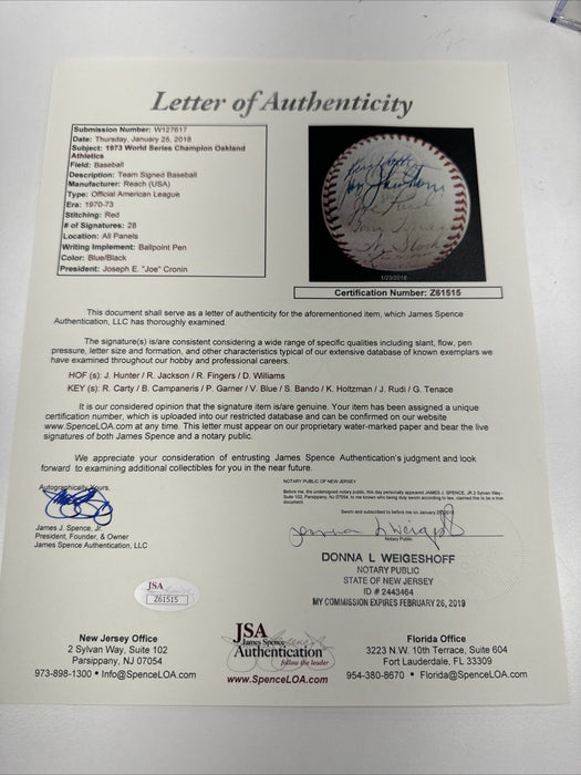 1973 Oakland A’s World Series Champs Team Signed Baseball JSA & Beckett COA