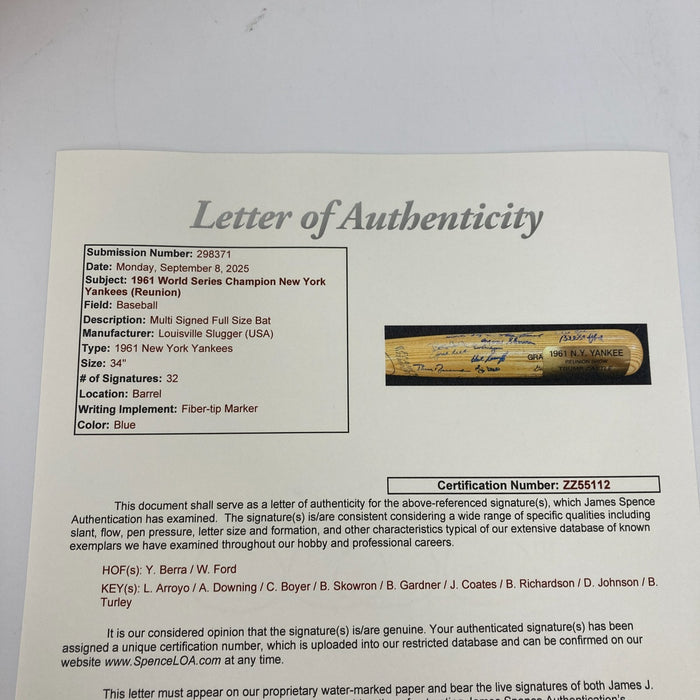 1961 New York Yankees World Series Champs Team Signed Baseball Bat JSA COA