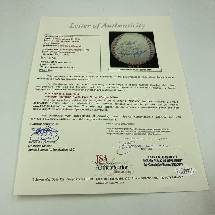 Roberto Clemente 1962 Pittsburgh Pirates Team Signed Baseball JSA COA