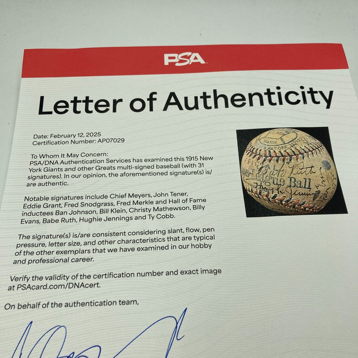 Christy Mathewson Babe Ruth Ty Cobb Ban Johnson Signed 1915 AL Baseball PSA DNA