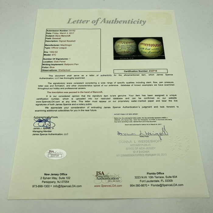 The Finest Dave Bancroft Single Signed Baseball PSA DNA & JSA COA