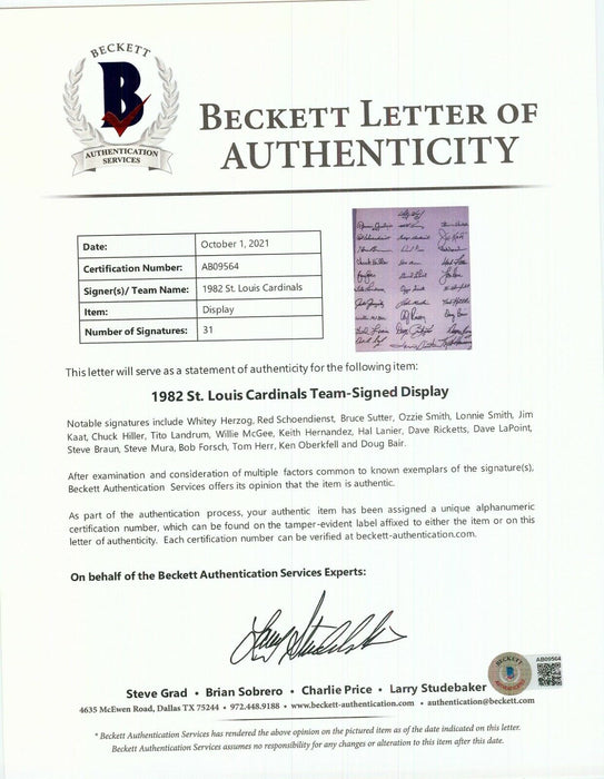 1982 St. Louis Cardinals World Series Champs Team Signed 11x14 Display Beckett