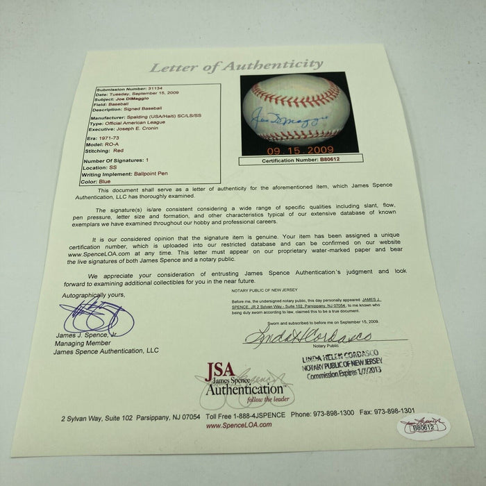 Joe Dimaggio Signed Vintage American League Joe Cronin Baseball JSA COA