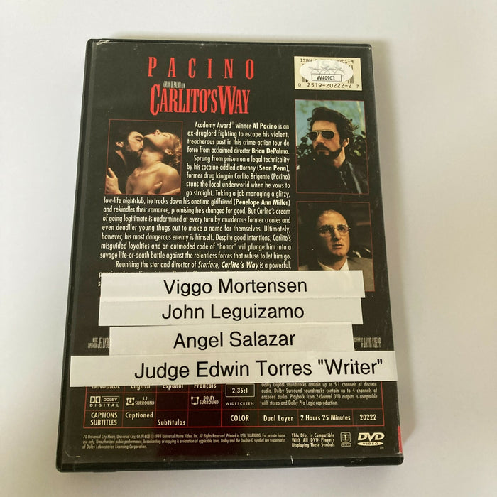 Carlito's Way Cast Signed DVD Movie Leguizamo Mortensen Salazar Torres JSA COA