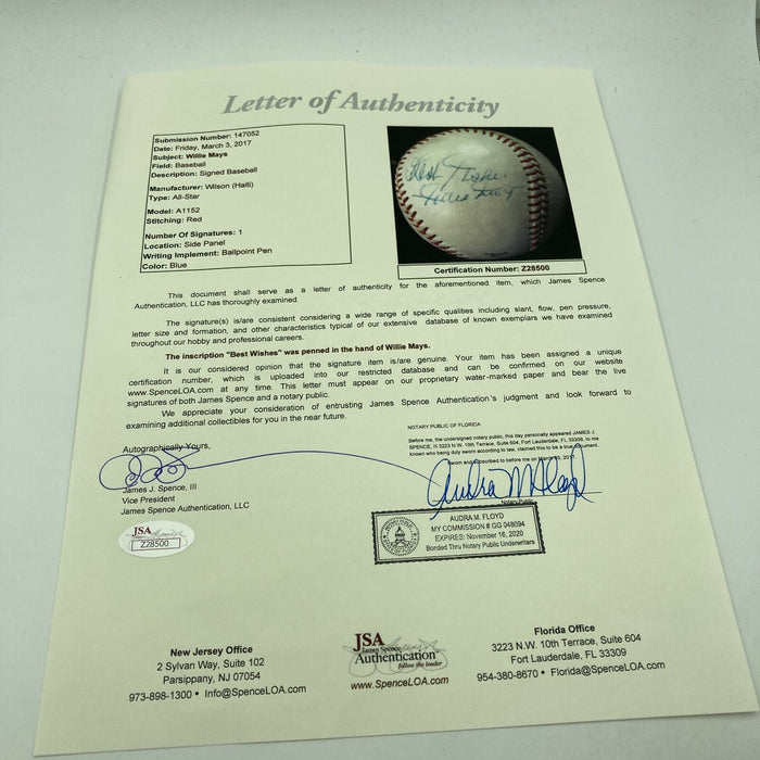 Beautiful 1950's Willie Mays Playing Days Signed Autographed Baseball JSA COA
