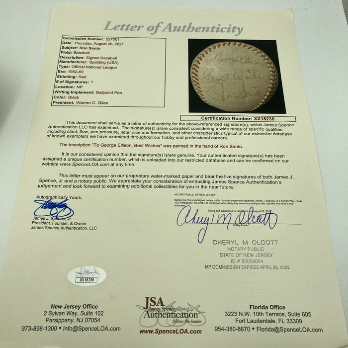 Ron Santo Playing Days Signed 1960's National League Giles Baseball JSA COA