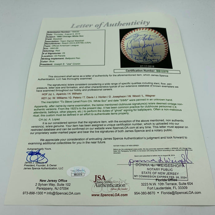 Beautiful 1968 Chicago White Sox Team Signed American League Baseball JSA COA