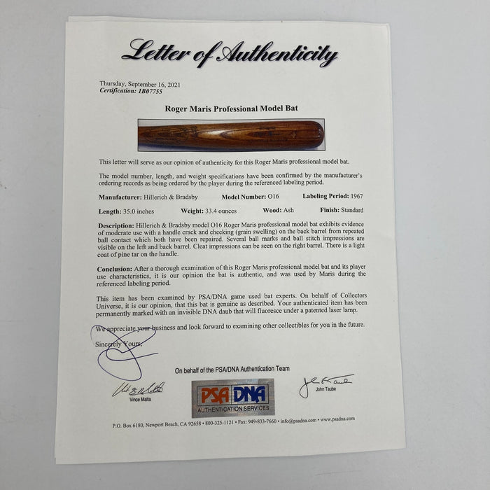 Roger Maris 1967 Championship Season Game Used Baseball Bat PSA DNA COA