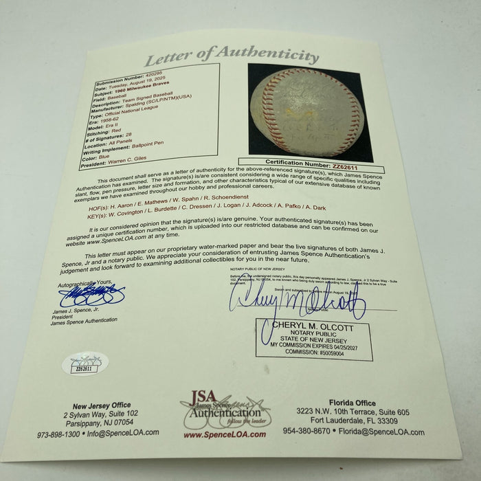 Hank Aaron 1960 Milwaukee Braves Team Signed Baseball JSA COA