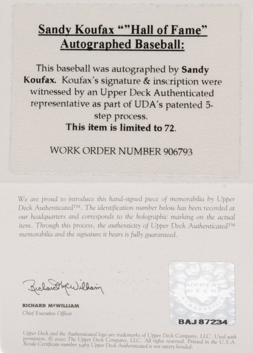 Sandy Koufax Hall Of Fame 1972 Signed Baseball Upper Deck UDA COA RARE