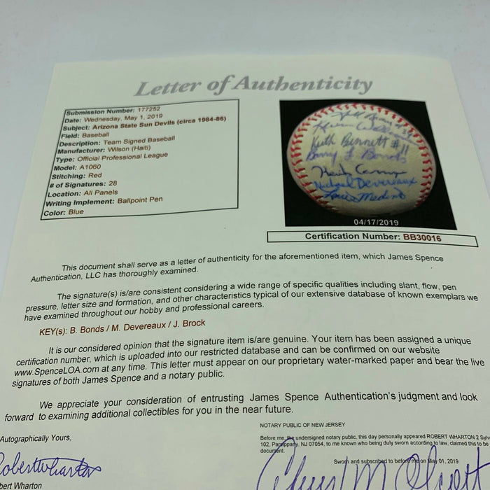 Barry Bonds Pre Rookie 1984 Arizona State Sun Devils Team Signed Baseball JSA